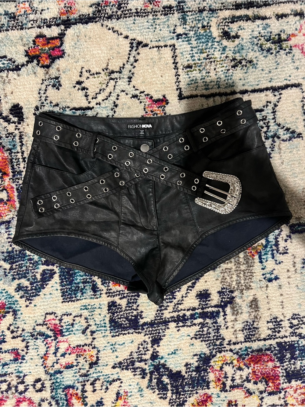 Fashion Nova Black Faux Leather Grommet Belt Micro Shorts